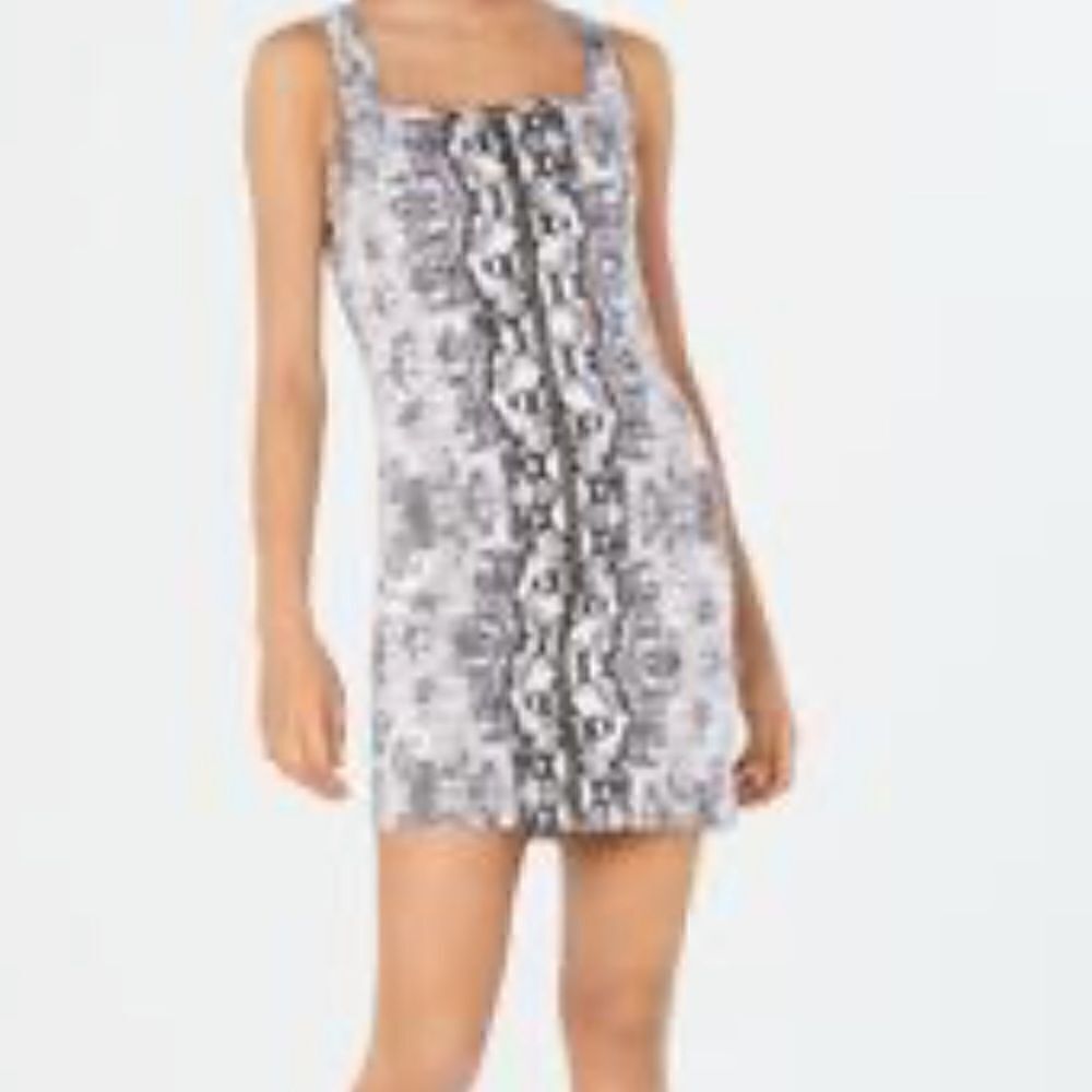 Bar III Womens Black & White Diamond Python Print Front Zipper Dress Size 8